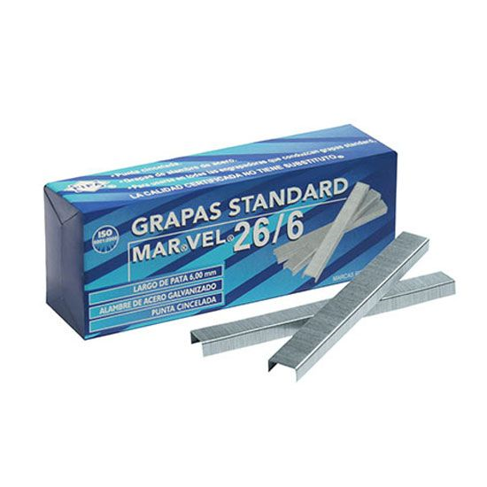 Grapa Estándar MARVEL, Alambre de Acero Galvanizado, Caja C/ 5000 Grapas, PILOT 26/6
