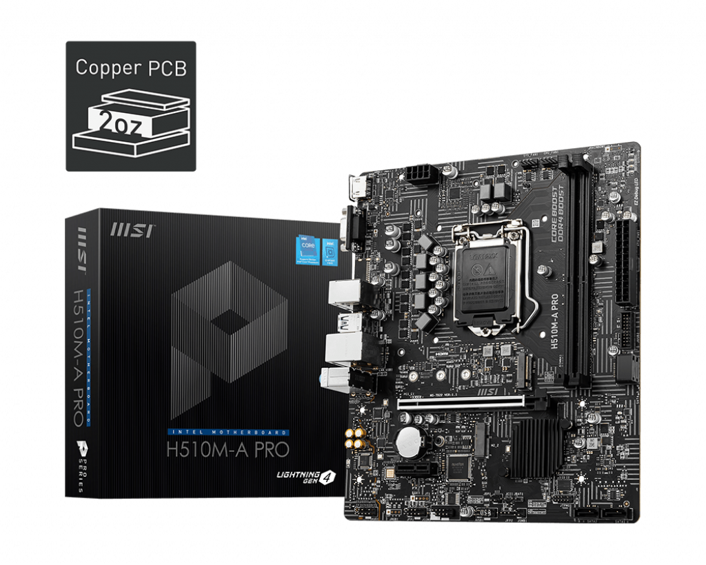 Tarjeta Madre (MoBo) Chipset Intel H510, Soporta: Intel 10ma / 11va Gen, Socket 1200, 2xDDR4 (64GB Max), Audio HD, Red, USB 3.2 y SATA 3.0, ATX, PCIEx16, PCIEx1, MSI H510-A PRO