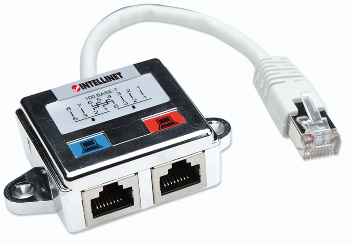 Distribuidor Modular, Adaptador RJ-45 Macho - 2x RJ-45 Hembra, Color Plata, INTELLINET 504195
