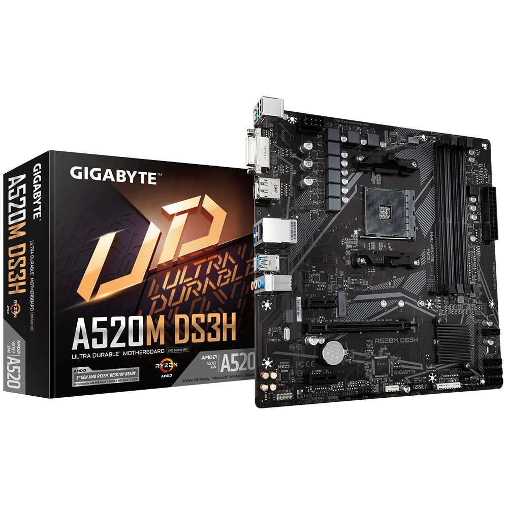 Tarjeta Madre (MoBo) A520M, 4x DIMM DDR4 (Max 128GB RAM), 1x HDMI / 1x DVI-D / 1x DP, Micro ATX, Socket AMD AM4, GIGABYTE A520M DS3H