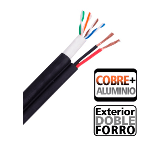 Bobina Cable UTP Cat 5E, 4 Pares, 305 Metros (1,000 ft), Color Negro, Uso Exterior, con Cable de Energía, Doble Forro, SAXXON OUTP5ECCAEXT2E
