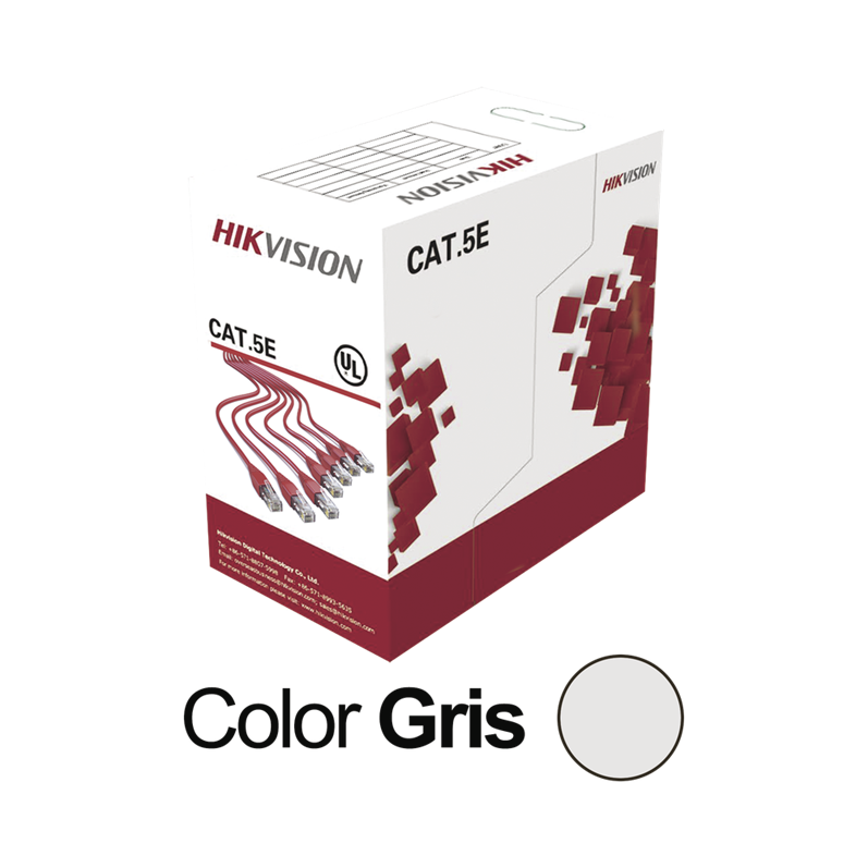 Bobina Cable UTP Cat 5E, 4 Pares, 305 Metros, Color Gris, PVC (CM), Uso Interior, 100% Cobre, Para Aplicaciones de CCTV y Redes de Datos, HIKVISION DS-1LN5E-S