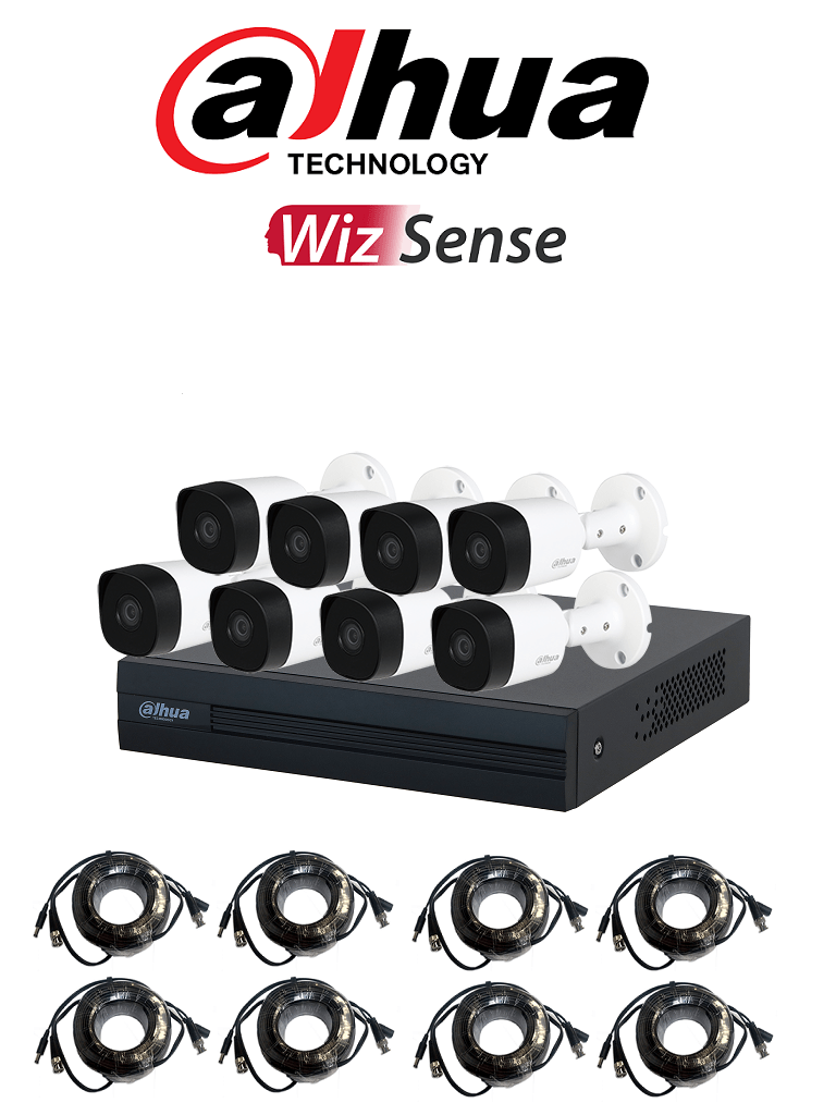 Kit de 8 Canales 2 MP, DVR Cooper-I WizSense, Con IA/ H.265+, 8 Cámaras B2A21 1080p Metálicas, 8 Ch + 2 IP o Hasta 10 Ch IP/ 4 Ch con SMD Plus, Accesorios Incluidos, DAHUA DH-KIT/XVR1B08-I/8-B2A21N-0360B