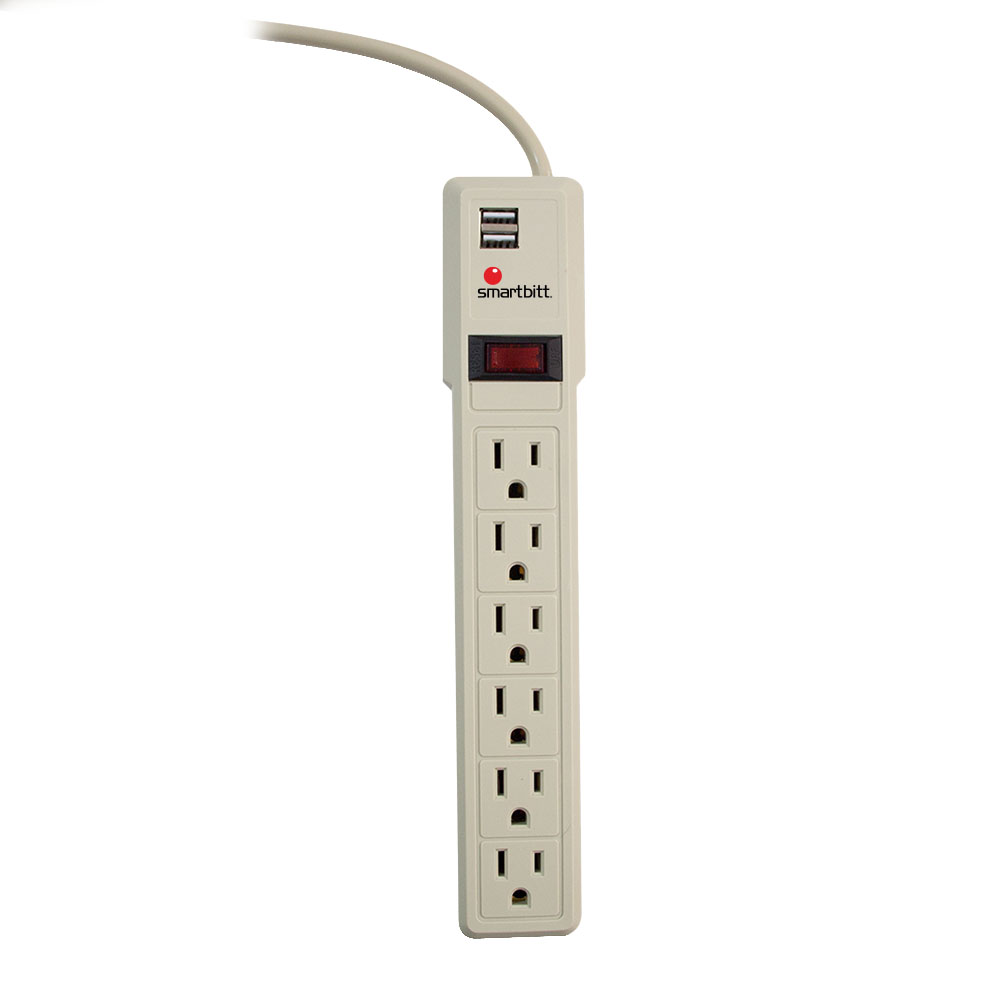 Supresor de Picos, 6 Tomacorrientes + 2 Puertos USB, 550 Joule, SMARTBITT SBSS-550J6USB
