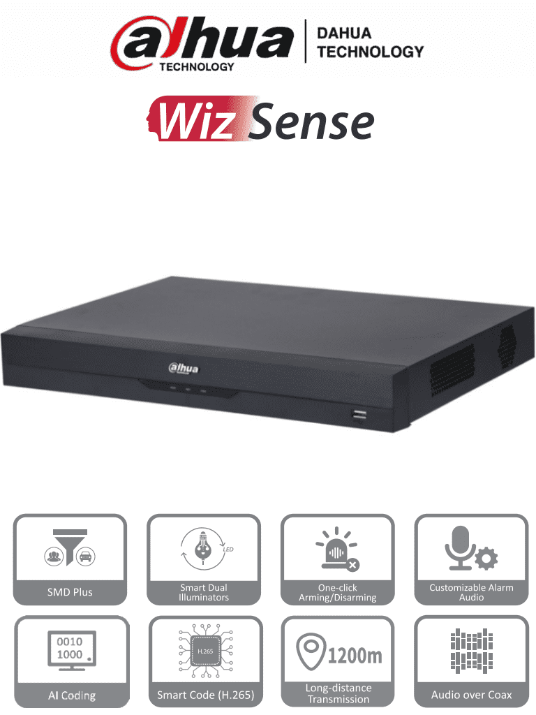 DVR 32 Canales 1080p Lite, WizSense, H.265+/ Codificación IA, 2 Bahías HDD, Hasta 16 Canales IP, 16 Canales SMD Plus, Búsqueda Inteligente, HDMI / VGA, DAHUA DH-XVR4232AN-I(V2.0)