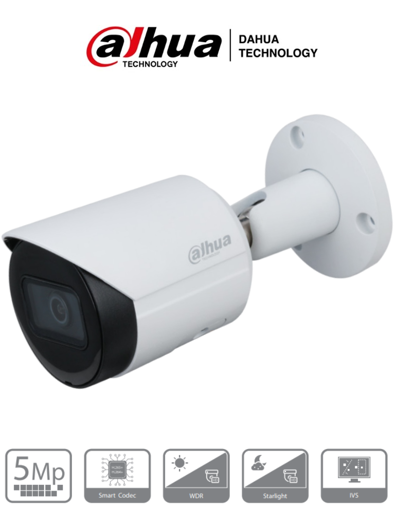 Cámara de Seguridad IP, Tipo Bullet, 5 MP, Lente 2.8 mm, IR 30 Metros, H.265+, WDR Real 120 dB, IP67, Starlight, Videoanalíticos con IVS, Ranura MicroSD, DAHUA DH-IPC-HFW2531SN-S-0280B-S2
