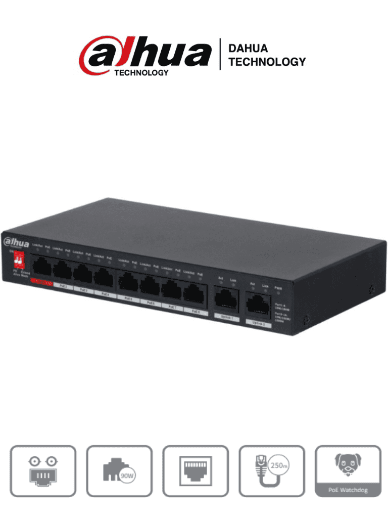 Switch PoE con 10 Puertos Fast Ethernet (Puertos 8 Poe +  2 Uplink 10/100/1000), 96 Watts, Soporta PoE Watchdog, Color Negro, DAHUA DH-PFS3010-8ET-96-V2