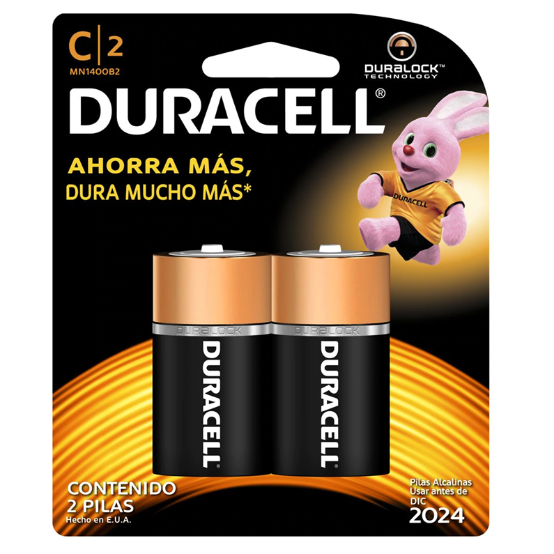Paquete de Pilas Alcalina C, 1.5V, 2 Piezas, DURACELL MN1400B2