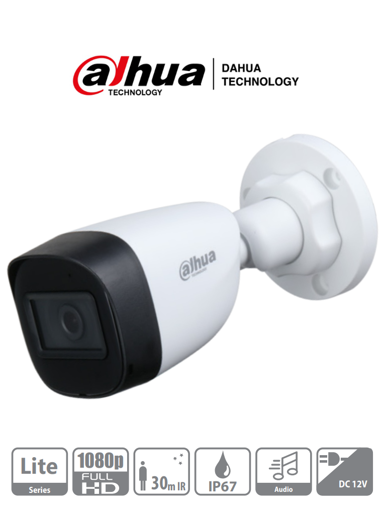 Camara Bala (Bullet) 1080p, Micrófono Integrado, Lente 2.8mm, 30 Mts IR, IP67, Policarbonato, CVI/CVBS/AHD/TVI/ BLC/HLC/DWDR/, DAHUA DH-HAC-HFW1200CN-A-0280B-S5