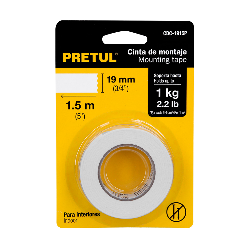 Cinta Doble Cara PRETUL, de 19 mm x 1.5 m, TRUPER CDC-1915P