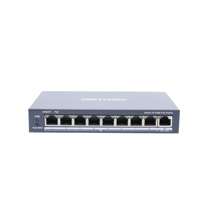 Switch Monitoreable PoE+, 8 Puertos 10/100 Mbps PoE+, 1 Puerto 10/100/1000 Mbps de Uplink, PoE hasta 250 Metros, Conexión Remota desde Hik-ProConnect, 110 W, HIKVISION DS-3E1309P-EI