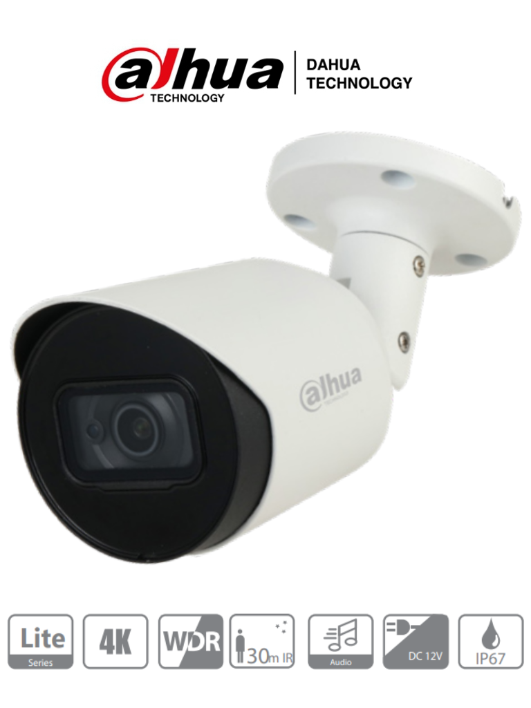 Cámara Bala (Bullet) 4K con Micrófono Integrado, 8 MP, Lente 2.8mm, WDR Real, IR 30 Mts, Soporta: CVI/CVBS/AHD/TVI, IP67, Metálica, DAHUA DH-HAC-HFW1801TN-A-0280B