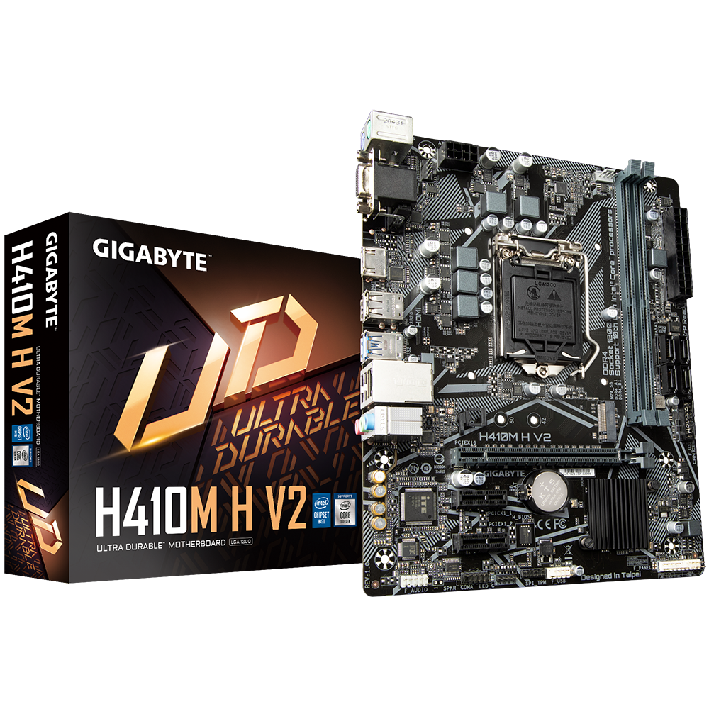 Tarjeta Madre (Mobo) Chipset Intel H410, Soporta: Intel 10ma Gen, Socket 1200, 2xDDR4 (64GB Max), Audio HD, Red, USB 3.2 y SATA 3.0, ATX, PCIEx16, PCIEx1, GIGABYTE H410M H V2