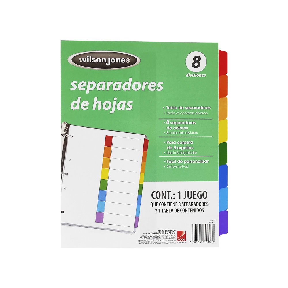 Separadores Wilson Jones, 8 Separadores de Colores, Para Carpeta de 2 y 3 Argollas, ACCO P2456