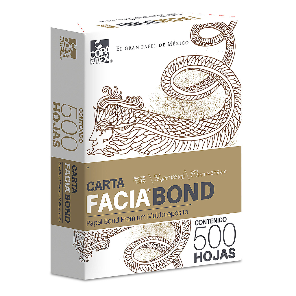 Resma de Papel Modelo FACIA BOND, Color Blanco, Tamaño Carta (21.6 X 27.9cm), 75 Grs, Blancura 99%, Contenido 500 Hojas, COPAMEX 7502237370008
