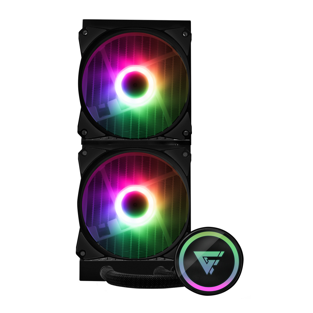 Sistema de Enfriamiento Liquido GAME FACTOR, 240mm, RGB, 180W, 2 Fan 120mm, Color Negro, VORAGO LQG600-BK