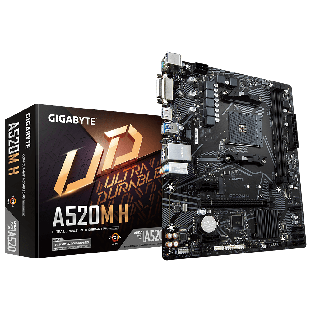 Tarjeta Madre (MoBo) A520M, 2x DIMM DDR4 (Max 64GB RAM), 1x HDMI / 1x DVI-D, Micro ATX, Socket AMD AM4, GIGABYTE A520M H