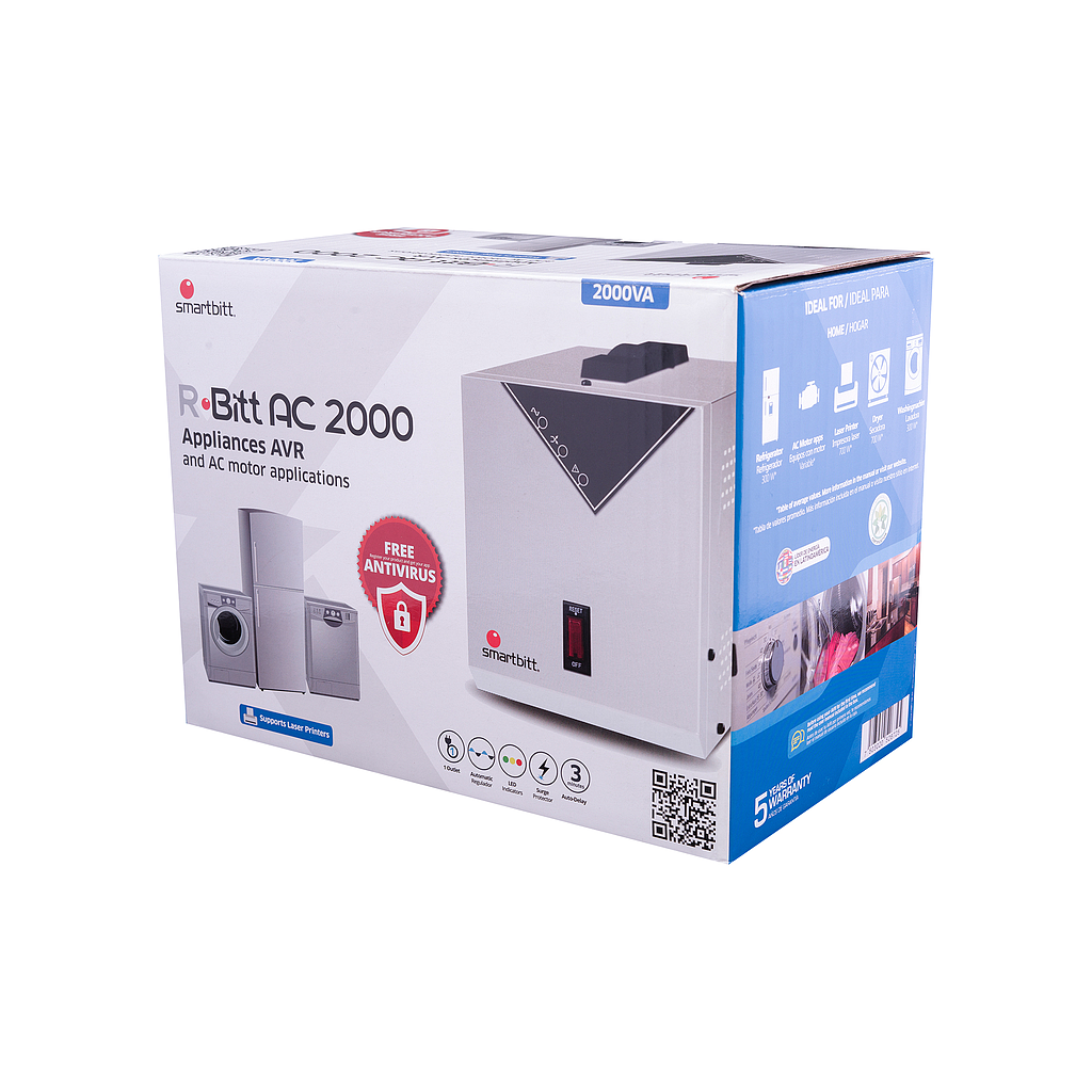 Regulador De Voltaje Modelo R-BITT AC2000, 2000VA / 1200W, Regulación 82 - 150Vca, 1 Contacto de Regulacion, SMARTBITT SBAVRAC2000