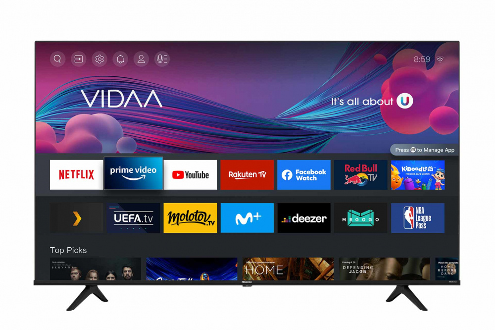 Televisión LED Smart TV VIDAA de 55", Resolución 3840 x 2160 (Ultra HD 4K), VIDAA OS, HISENSE 55A65HV