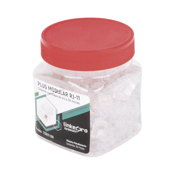 Bote C/ 100 Conectores (Plug Modular) RJ11, Transparente, 4 Contactos, Chapado en Oro a 50 Micras, LINKEDPRO TCRJ11-100