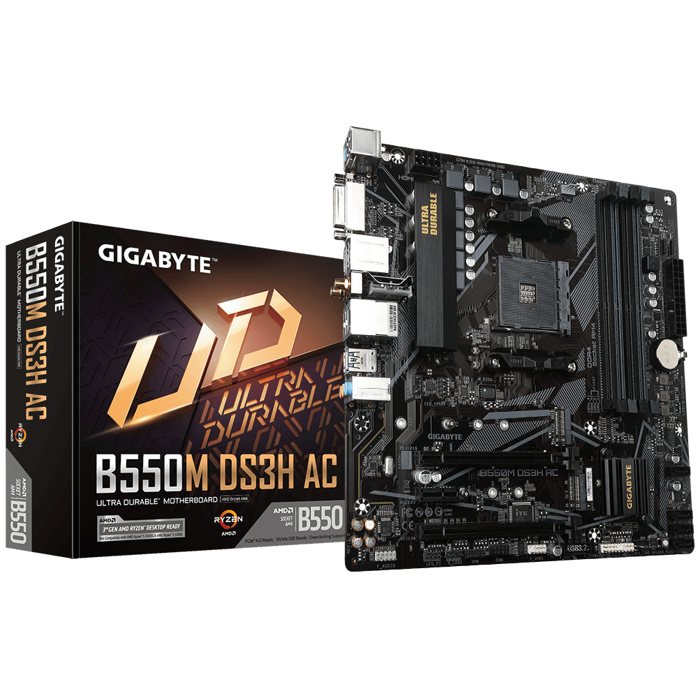 Tarjeta Madre (MoBo) B550M DS3H AC ChipSet AMD B550, Soporta AMD Ryzen, Socket AM4, 4xDDR4 (Max 128GB), HDMI, DVI, WIFI, GIGABYTE B550M DS3H AC