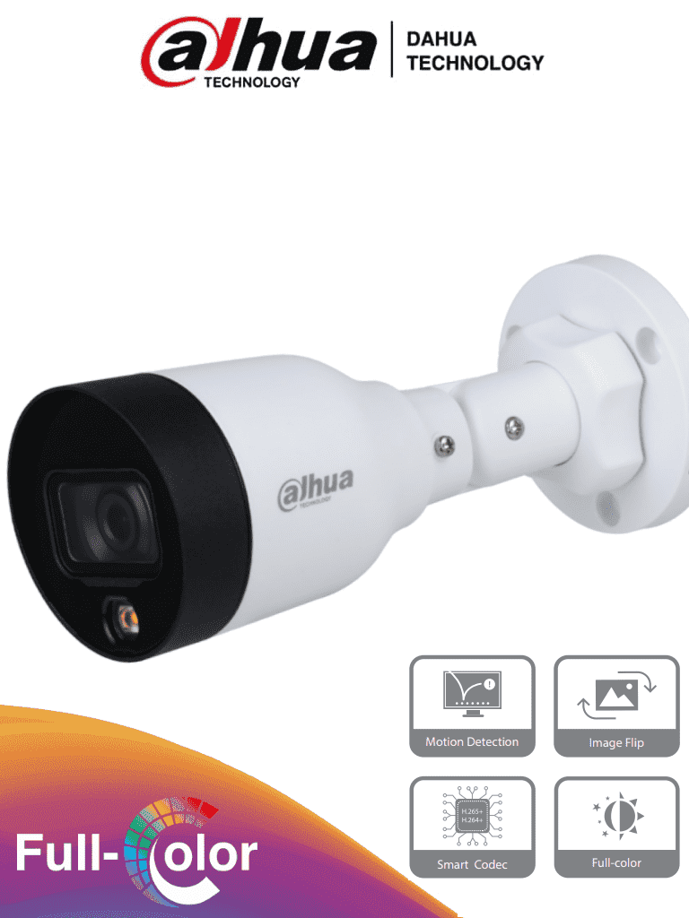 Cámara IP Bala (Bullet) Full Color 2 MP, Lente 2.8mm, Luz Blanca 15 Metros, H.265, IP67, PoE, DWDR, DAHUA IPC-HFW1239S1-LED-S4