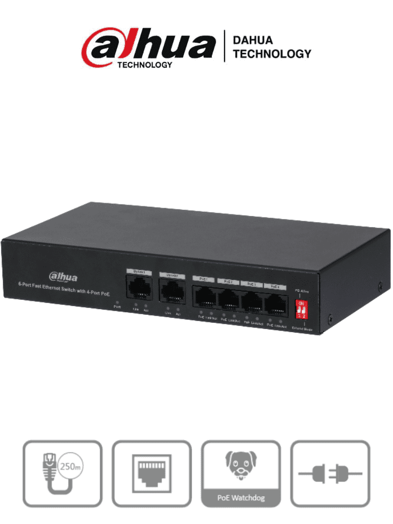 Switch PoE, 6 Puertos Fast Ethernet, 4 Puertos PoE 10/100, 2 Puertos Uplink 10/100, 36 Watts Totales, Switching 1.2 Gbps, Protección de Descargas, DAHUA DH-PFS3006-4ET-36