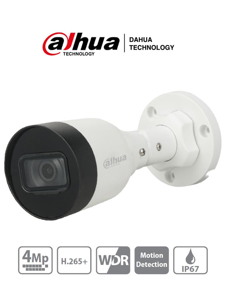 Cámara IP Bala (Bullet) 4 MP, H.265+, Lente 2.8mm, 93 Grados de Apertura, IR 30 Metros, 30 FPS, WDR, IP67, DAHUA DH-IPC-HFW1431S1N-0280B-S4