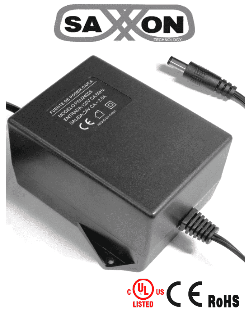 Fuente de Poder de 24 Vca a 2.5 Amperes, Cable de 2.5 Metros, Entrada 110 Vca, Protección Contra Sobre Cargas, SAXXON PSU24V025