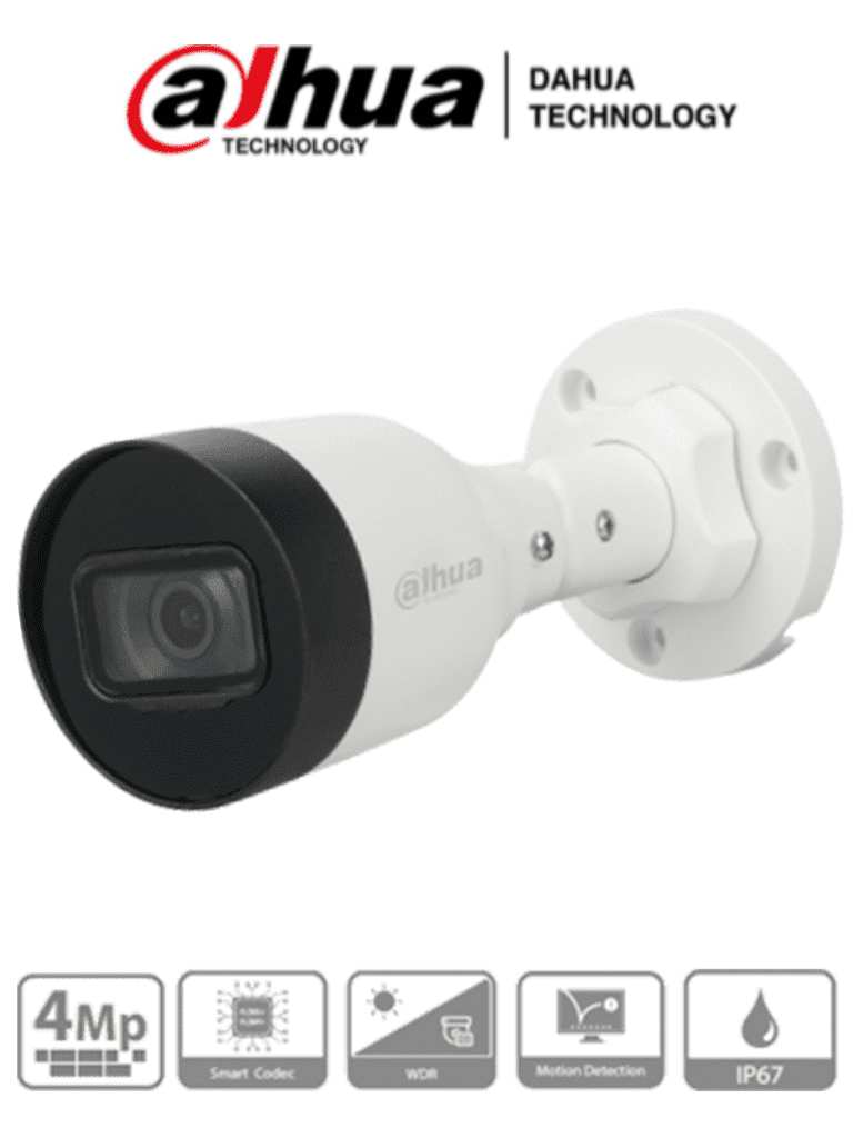 Cámara IP Bala (Bullet) 4 MP, H.265+, Lente 2.8 mm, 104° Apertura, IR Hasta 30 M, Micrófono Integrado, PoE, WDR Real, IP67, DAHUA DH-IPC-HFW1431S1P-A-0280B-S4-QH2