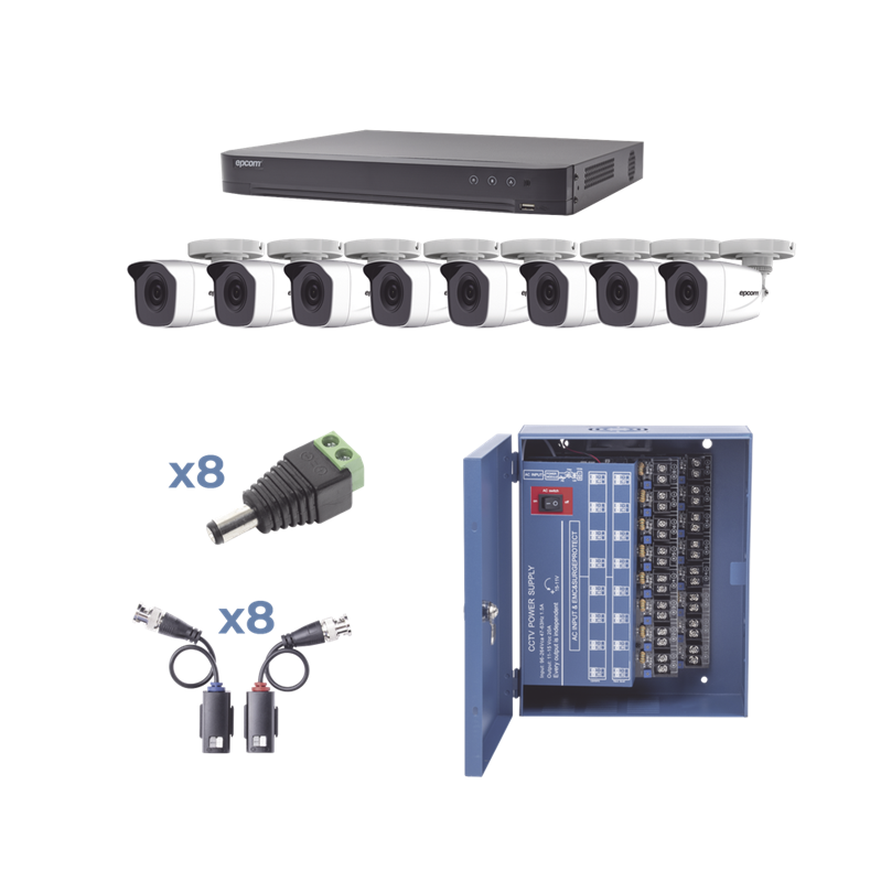 KIT TurboHD 1080p, DVR 8 Canales, 8 Cámaras Bala (Exterior 2.8 mm), Transceptores, Conectores, Fuente de Poder Profesional hasta 15 Vcc para Largas Distancias, EPCOM KEVTX8T8BW