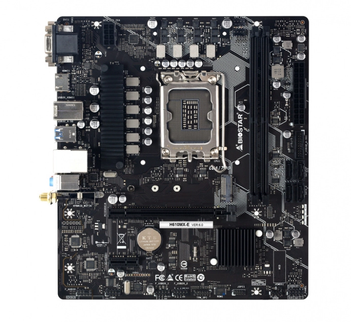 Tarjeta Madre (Mobo), Chipset Intel H610, Soporta: Intel 12va Gen, Socket 1700, 2xDDR4 3200 MHz, 64GB Max, AudioHD, Red, USB 3.2 y SATA 3.0, M.2, Micro-ATX, BIOSTAR H610MX-E