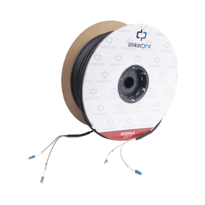 Carrete de Fibra Óptica Monomodo con Conectores LC-LC Dúplex, Reforzada con Kevlar, de 200 Metros, LINKED PRO EF-200-LC