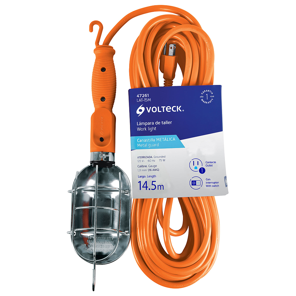 Lámpara Volteck de Taller con Canastilla Metálica 14.5 m, Potencia 75 W, Calibre 16 AWG, TRUPER LAT-15M