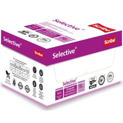 Caja de Papel Bond Tamaño Carta, Color Blanco, 70 Gramos, Modelo Selective, Blancura 99%, Contenido 10 Remas de 500 Hojas C/U, SCRIBE 5399