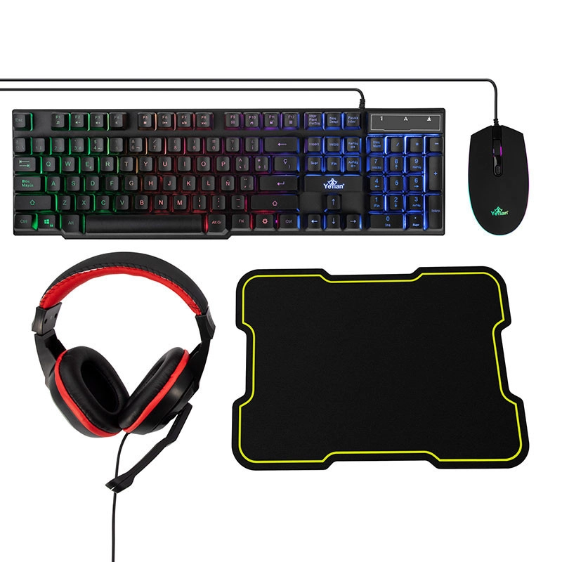 Kit Gamer de Teclado, Mouse, Audífonos y Mousepad HYDRA YEYIAN, Alámbrico, USB, Color Negro (Español), QIAN YKH-20708