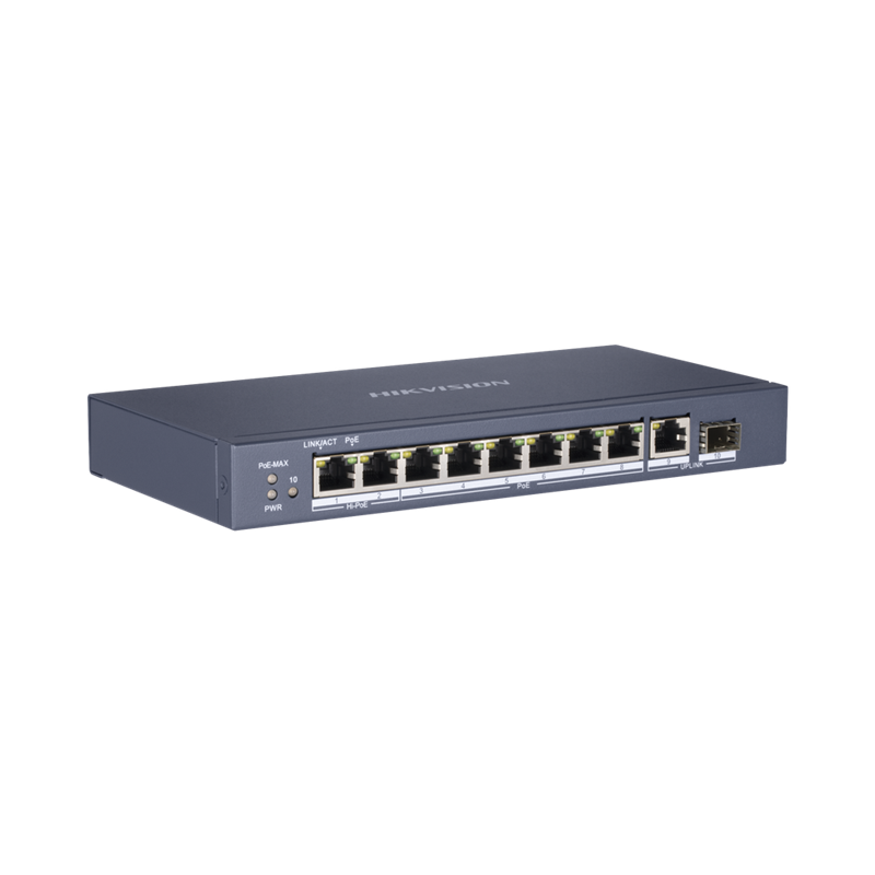 Switch PoE+, No Administrable, 6 Puertos 10/100 Mbps PoE+, 2 Puertos 10/100 PoE++(90 W), 1 Puerto 10/100/1000 Uplink + 1 Puerto SFP, PoE hasta 250 Metros, 110 W, HIKVISION DS-3E0510HP-E