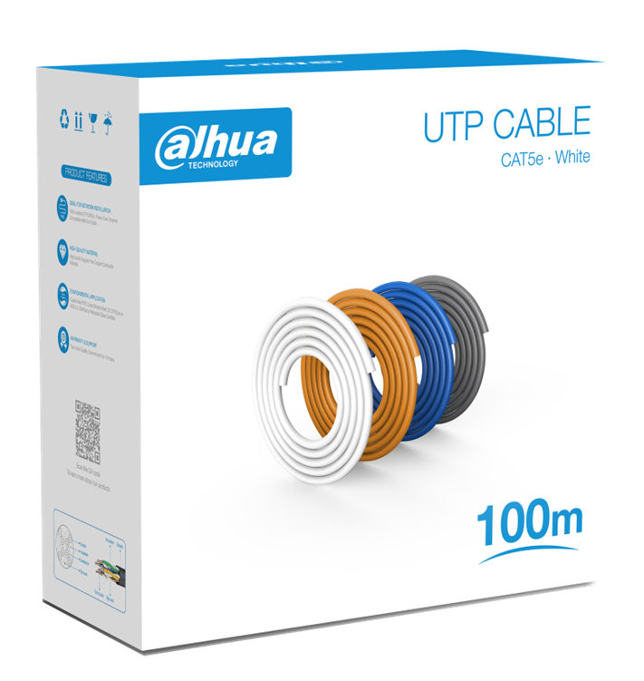 Bobina de 100 Mts, Cable UTP Cat5e, 100% Cobre, Color Blanco, Cubierta Retardante de Flama con Certificación ANSI/ UL CM, Ideal para Video y Redes, DAHUA DH-PFM920I-5EU-U-100