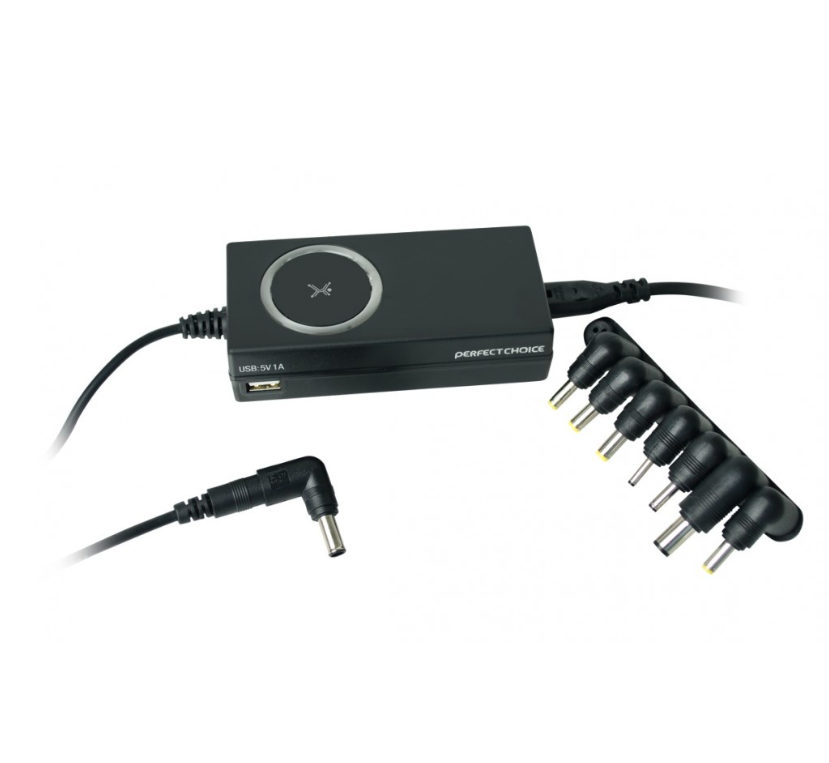 Cargador para Laptop Universal, con Regulador Automático de Voltaje, 65W, 16V, 8 Puntas Intercambiables y Puerto USB de Carga, PERFECT CHOICE PC-240747
