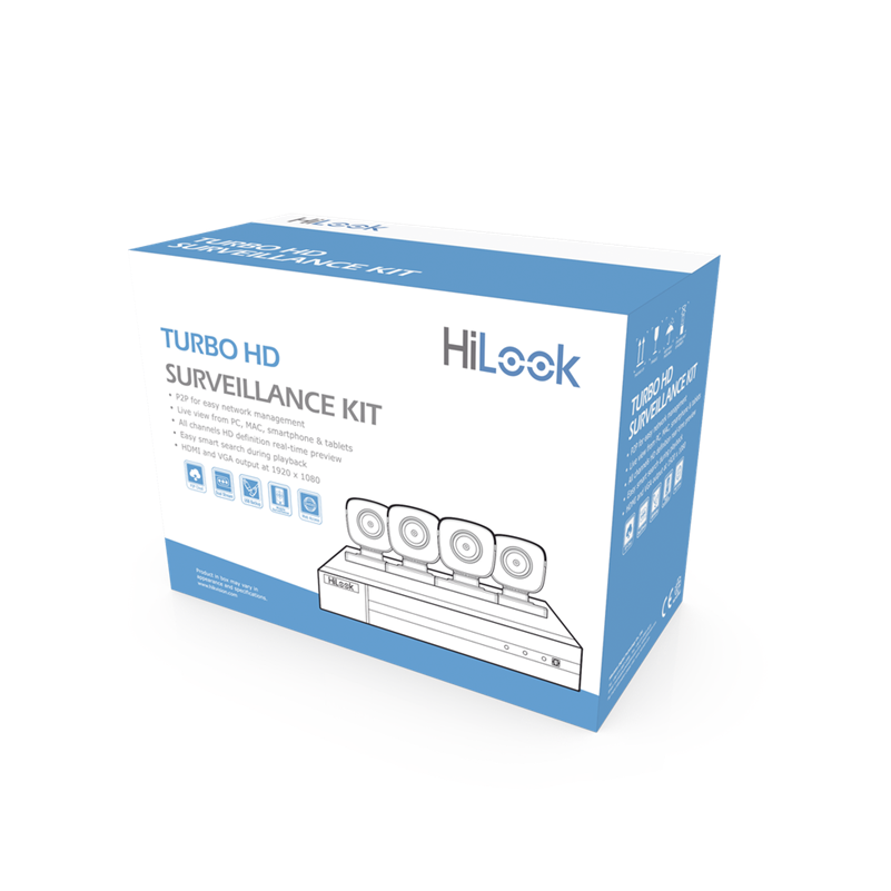 KIT TurboHD, 1080p, DVR 4 Canales, 4 Cámaras Bala de Metal, 4 Cables 18 Mts, 1 Fuente de Poder, HILOOK HL24LQKITS-M(B)