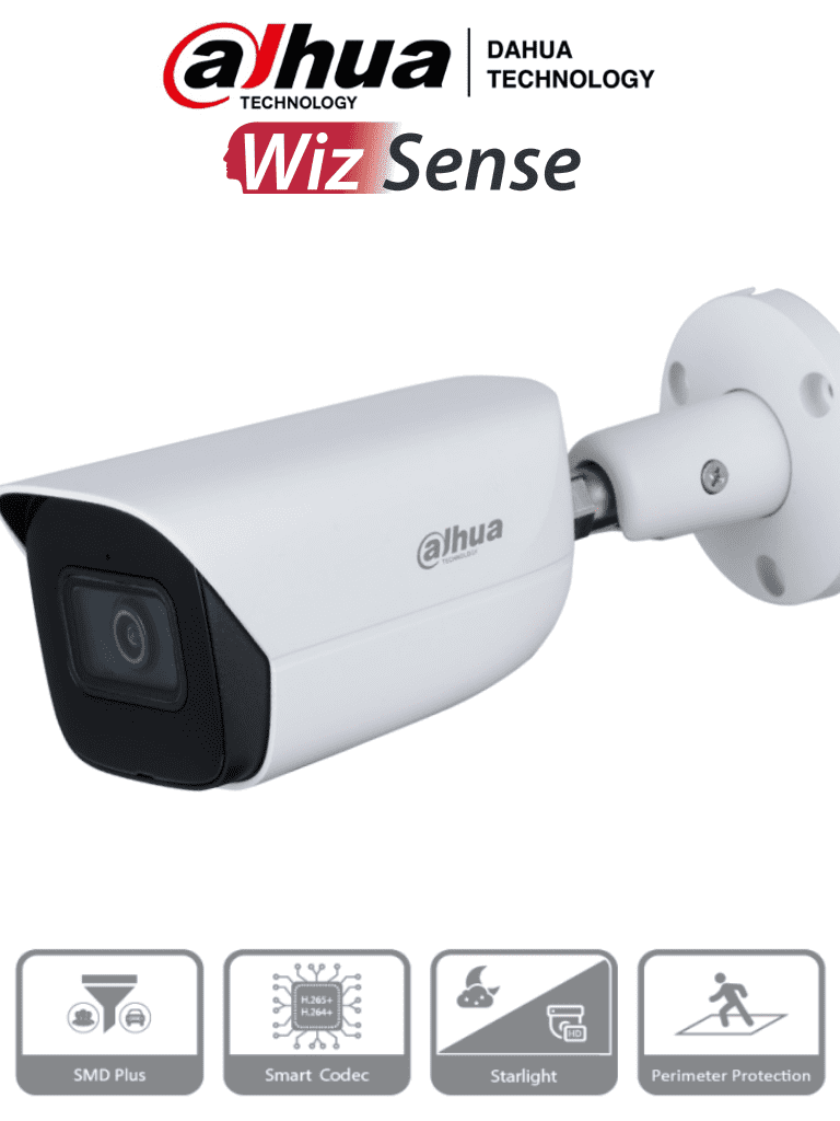 Cámara IP Bala (Bullet) con IA, 2 MP, Lente 2.8mm, 106 Grados Apertura, Micrófono Integrado, Wizsense, WDR 120 dB, IR Hasta 50 Mts, SMD Plus, IP67, Ranura MicroSD, DAHUA DH-IPC-HFW3241EN-SA-0280B