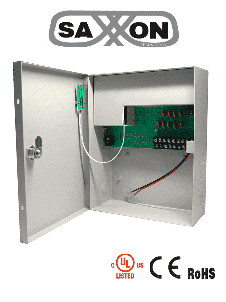 Fuente de Poder 12V, 10A, Para 9 Cámaras, Compatible con Batería de Respaldo, 1.1A por Canal, Protección contra Sobrecargas, Certificación UL, SAXXON PSU1210-D9B