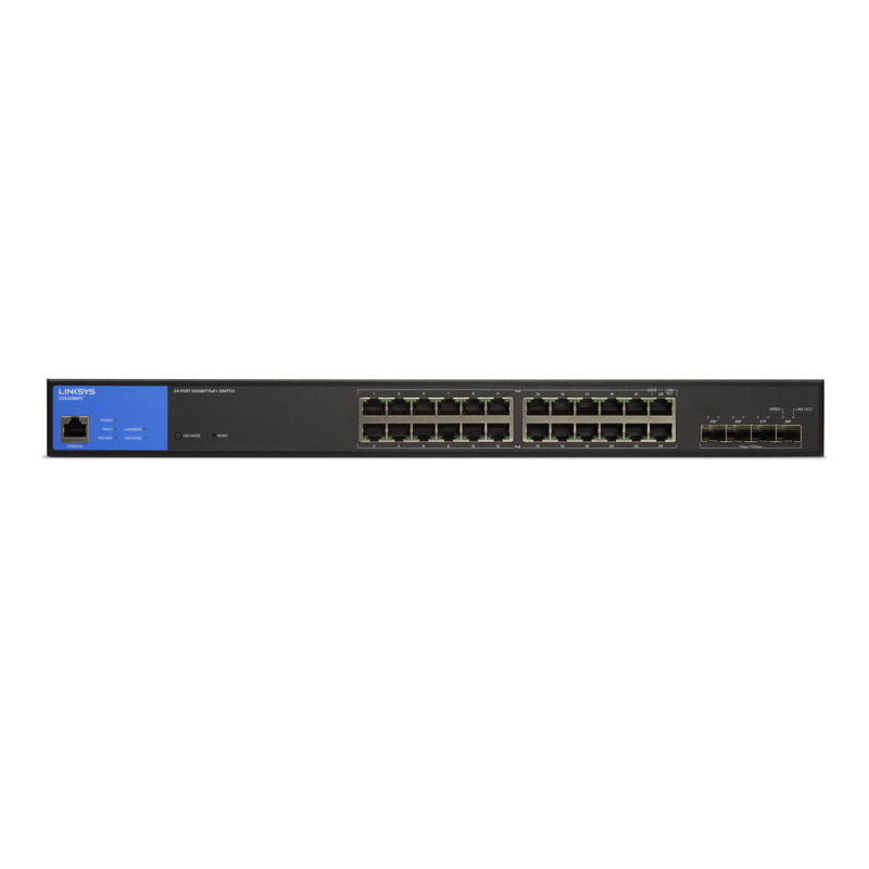 Switch Gigabit Ethernet, 24 Puertos 10/100/1000 + 4 Puertos 10G SFP+, 128Gbit/s, 16.000 Entradas, Administrable, LINKSYS LGS328C