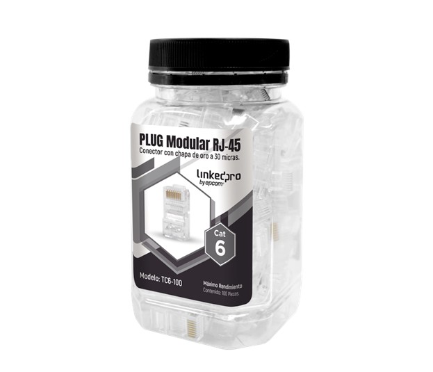 Bote con 100 Piezas de Plug Modular RJ45 Cat6 Sin Blindaje, Chapado de Oro a 30 Micras para Durabilidad Extrema, LINEDPRO TC6-100
