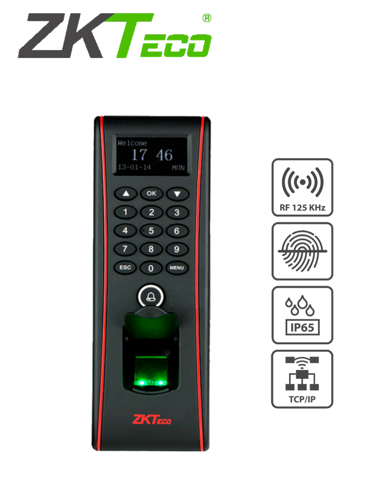 Control de Acceso Exterior de Huella, Tarjeta y Contraseña, Soporta 3000 Huellas / 10000 Tarjetas RFID 125 khz, Almacena 30000 Registros, Conexión TCPIP / USB, Compatible con Software ZK Access 3.5, ZKTECO TF1700