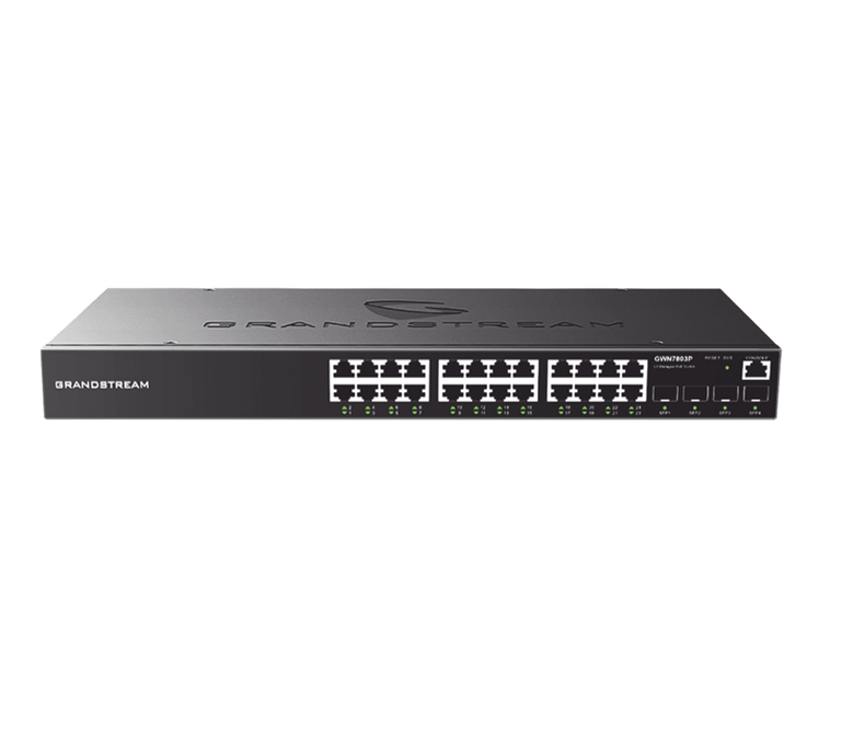 Switch Gigabit PoE+ Administrable, 24 Puertos 10/100/1000 Mbps + 4 Puertos SFP Uplink, Hasta 360W, Compatible con GWN Cloud, GRANDSTREAM GWN7803P