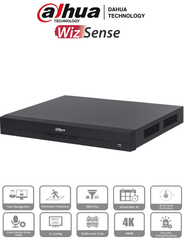 DVR 32 Canales 4K, 8 MP, WizSense, Con IA, 6 Canales Reconocimiento Facial, H.265+, Hasta 32 Canales IP, Codificación IA, SMD Plus, 2 Bahías HDD, DAHUA DH-XVR5232AN-4KL-I3