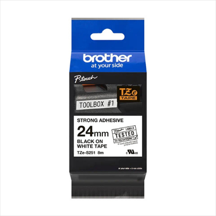 Cinta Negro sobre Blanco, 24 mm (0.94") con Adhesivo Industrial, 8 Metros, BROTHER TZES251