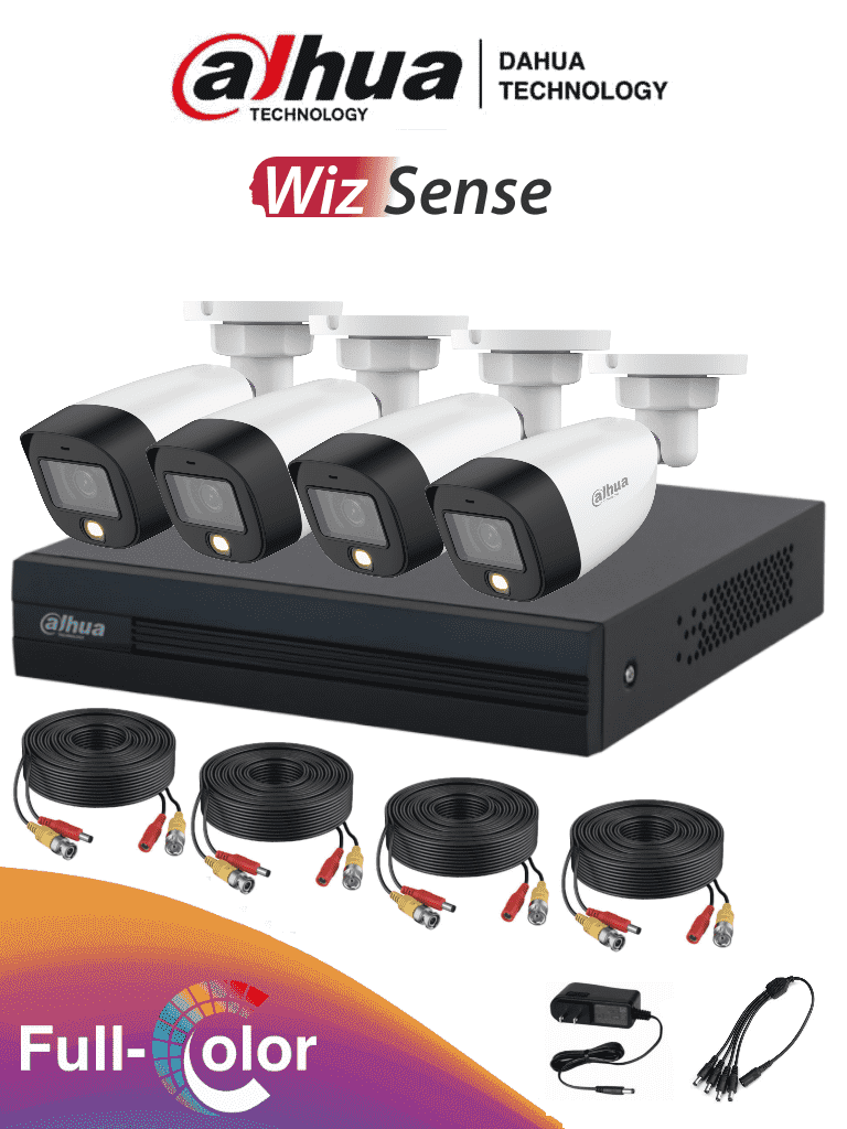 Kit de Videovigilancia, DVR Cooper-I WizSense, Con IA, H.265+, 4 Cámaras Full Color 2 MP, 4 Ch + 1 IP o Hasta 5 Ch IP, 4 Ch SMD Plus, DAHUA DH-KIT/XVR1B04-I/4-HFW1209CN-LED-0280B