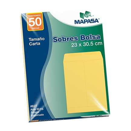 Sobre Bolsa Tamaño Carta, Ante Solapa Engomada, 60kg, Bolsa con 50 Piezas, Medidas 23.0x30.5 cm, MAPASA IA0195
